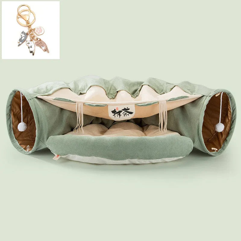 Collapsible cloth cat tunnel folded and unfolded showing Bar, Coffee, Matcha, Pink colour options