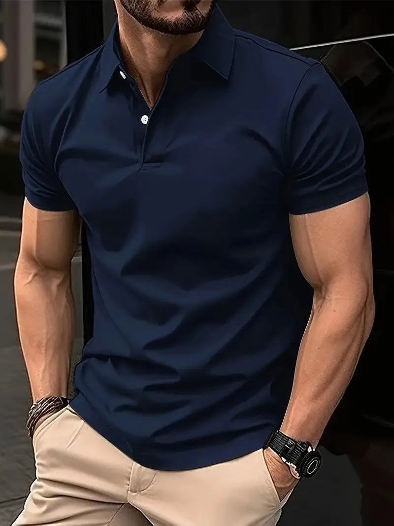 Men's slim fit solid colour short sleeve button shirt on a hanger