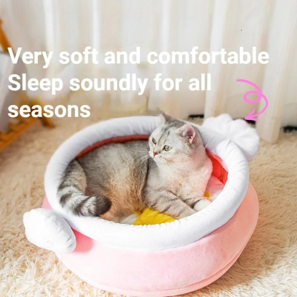 Pink honey pot-shaped cat sofa bed with a soft, removable grey nest pad inside.