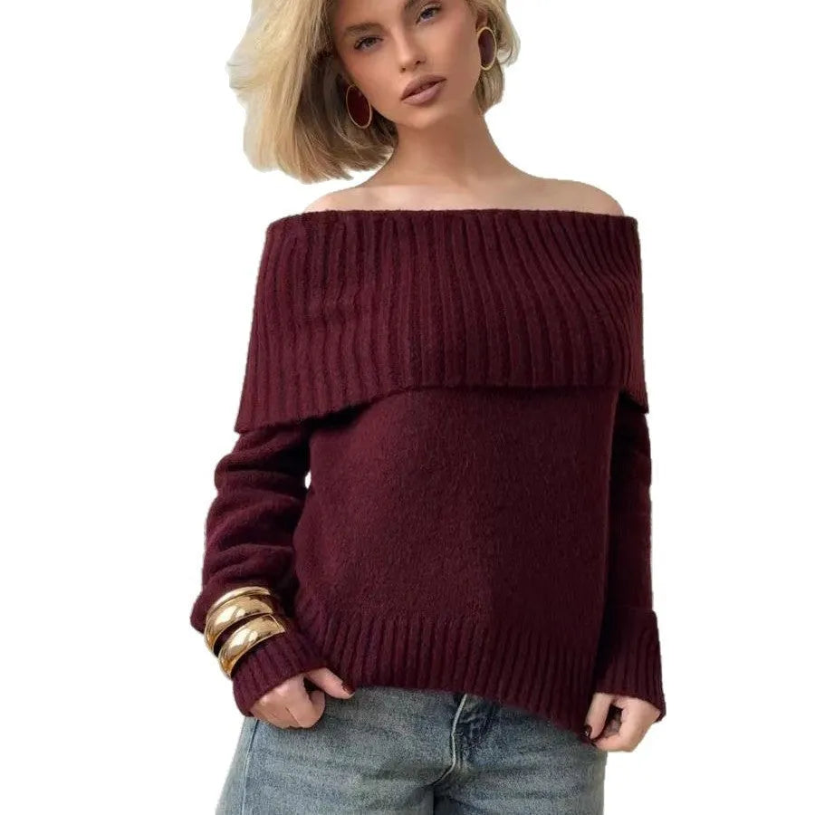 Grey off-the-shoulder acrylic sweater with 3D pattern, regular sleeves, and strapless design