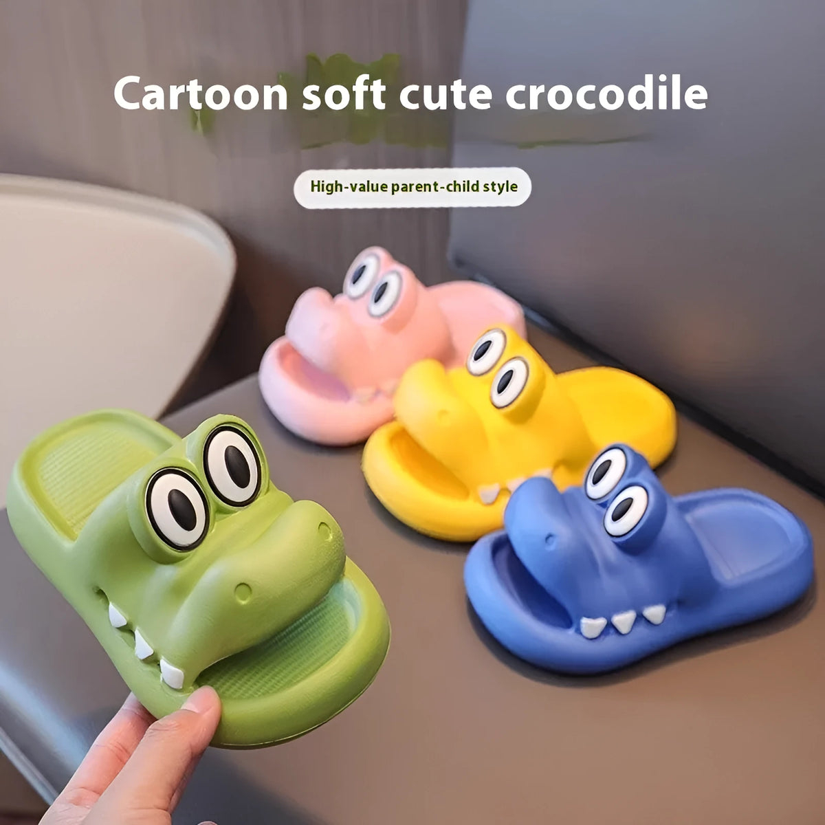 EVA parent child sandals with animal patterns in pink, green, yellow, and blue colour options