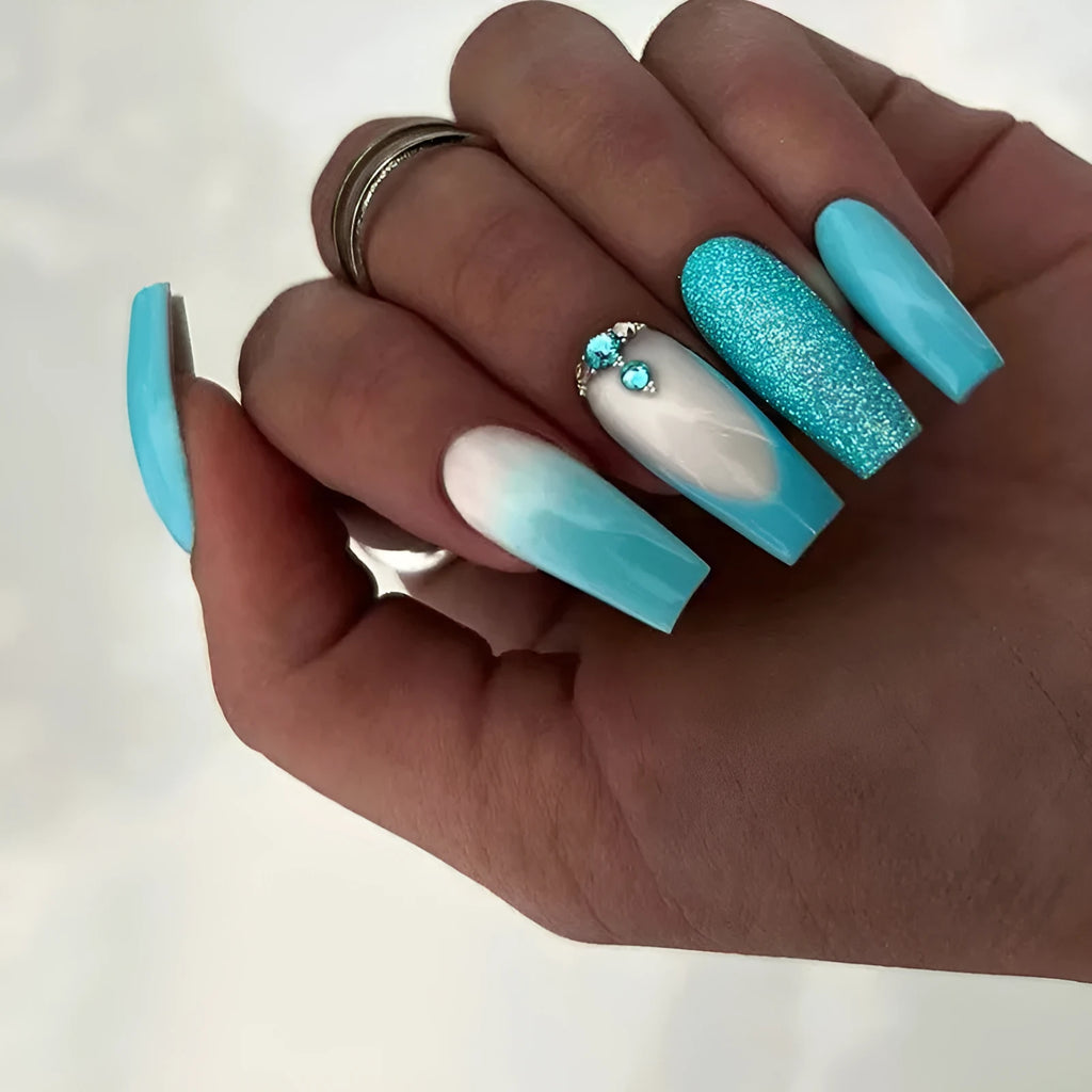 Z689 Smart Blue Diamond long ballet style nail patches with glue for ladies