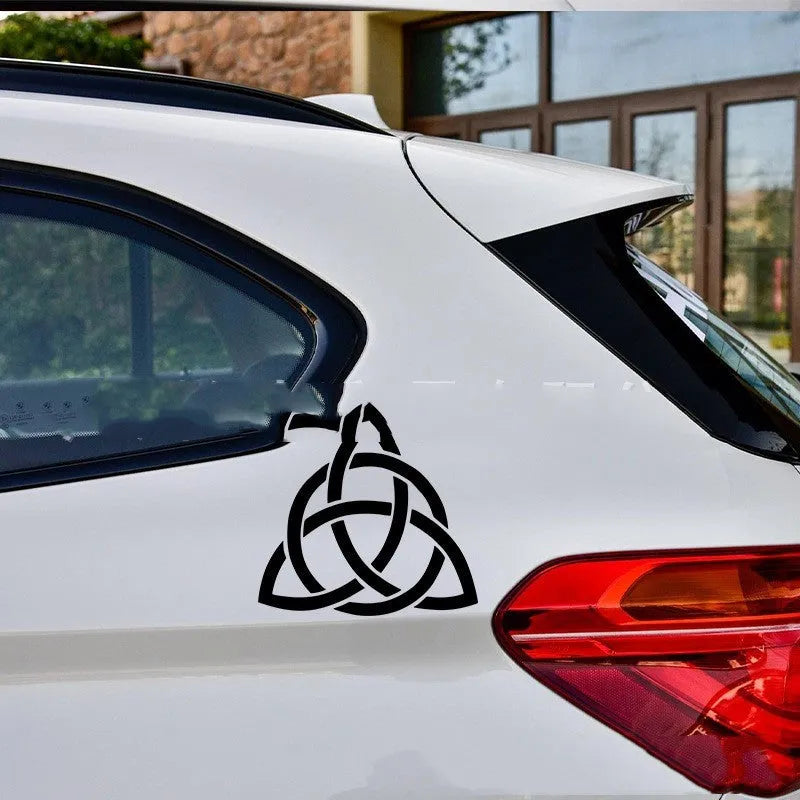 Removable vinyl car body sticker shown in black, white, and laser colour options on a vehicle door.