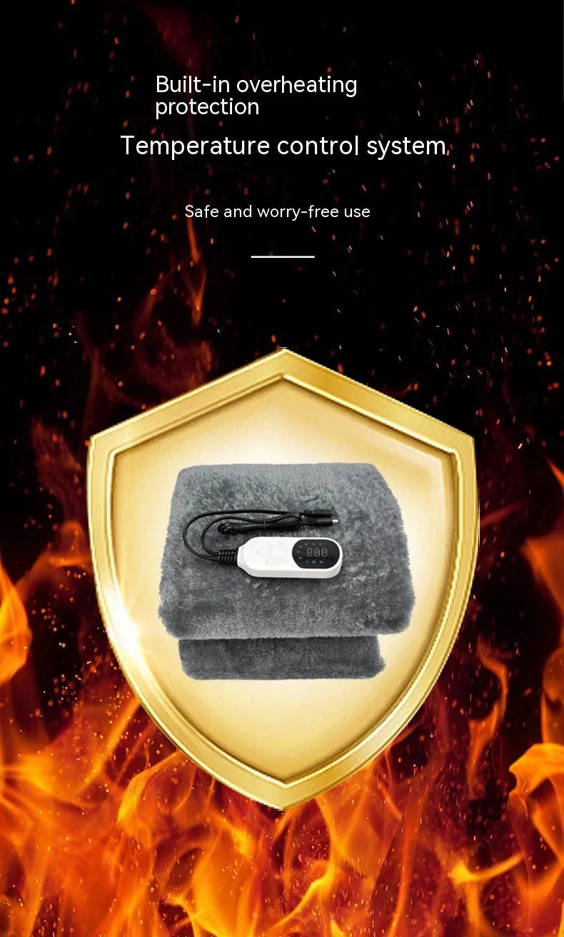 Grey 12V car electric blanket with cigarette lighter plug, shown in single and double sizes for driver and passenger warmth.