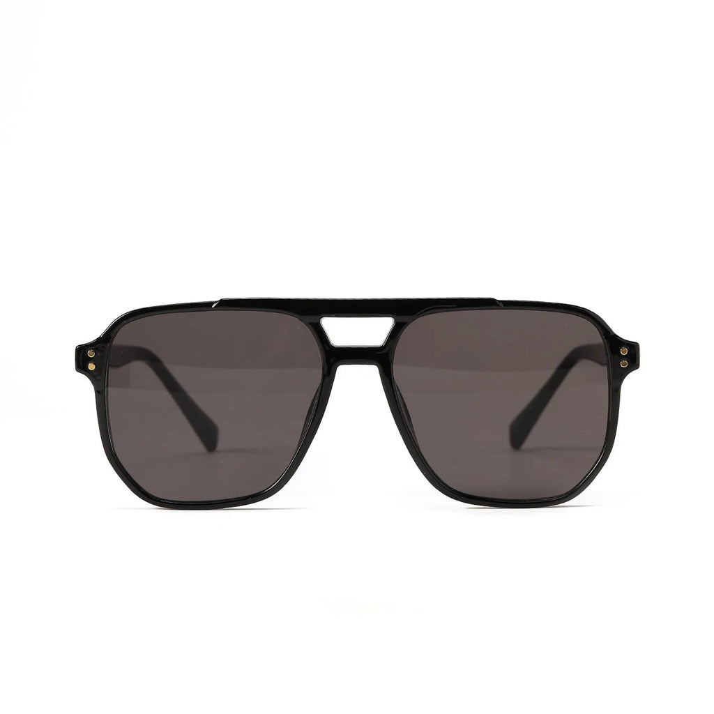 Square double beam sunglasses for women in black frame with pink lens, UV400 protection.