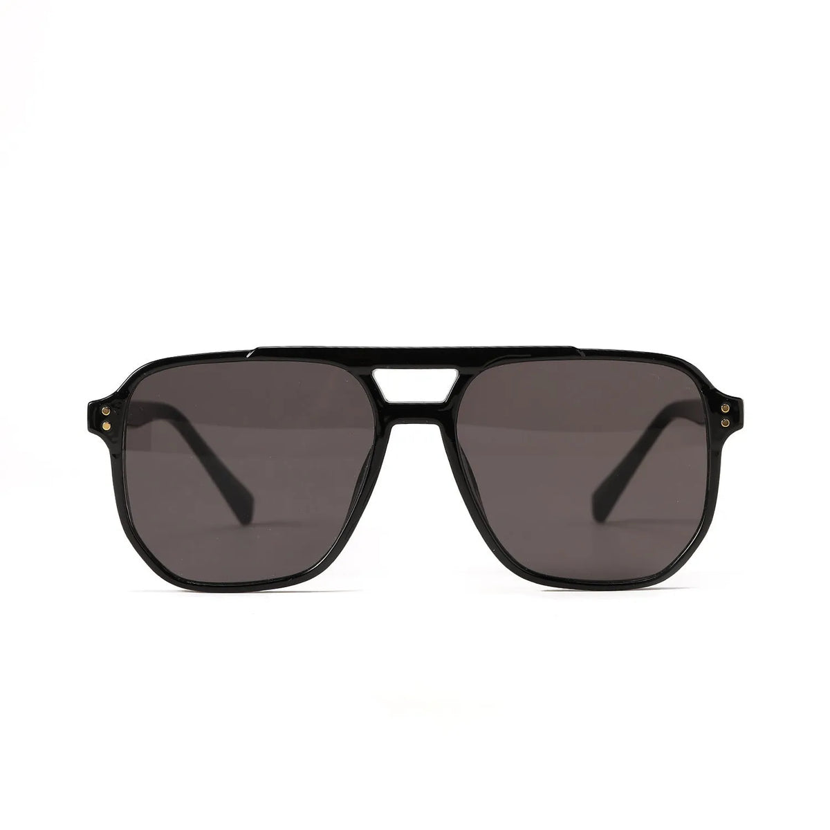 Square double beam sunglasses for women in black frame with pink lens, UV400 protection.