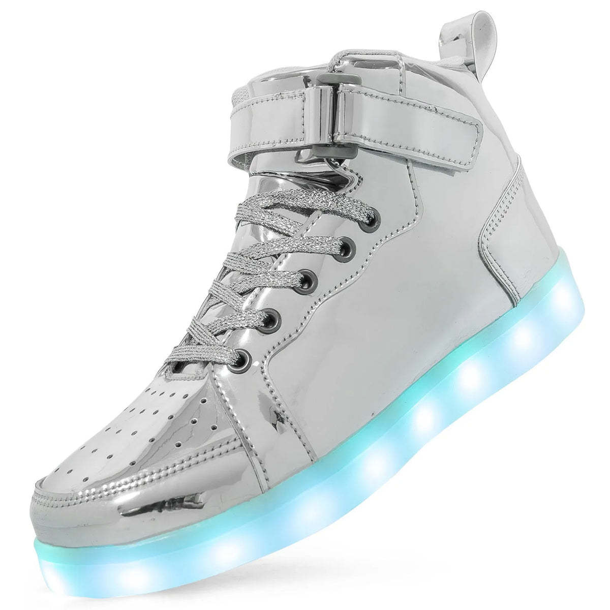 Black LED light-up high-top shoes with Velcro strap and glowing sole.