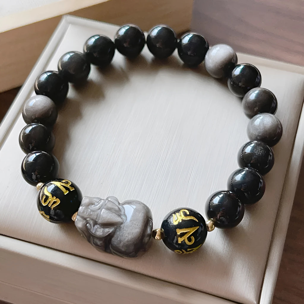 Men's natural silver stone zodiac bracelet with Chinese proverb beads