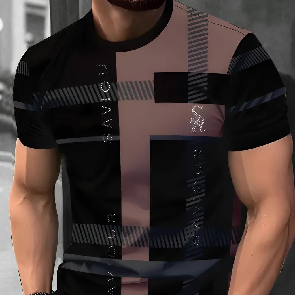 Men's loose-fit short-sleeved t-shirt with digital 3D printed stripe pattern in various colour styles