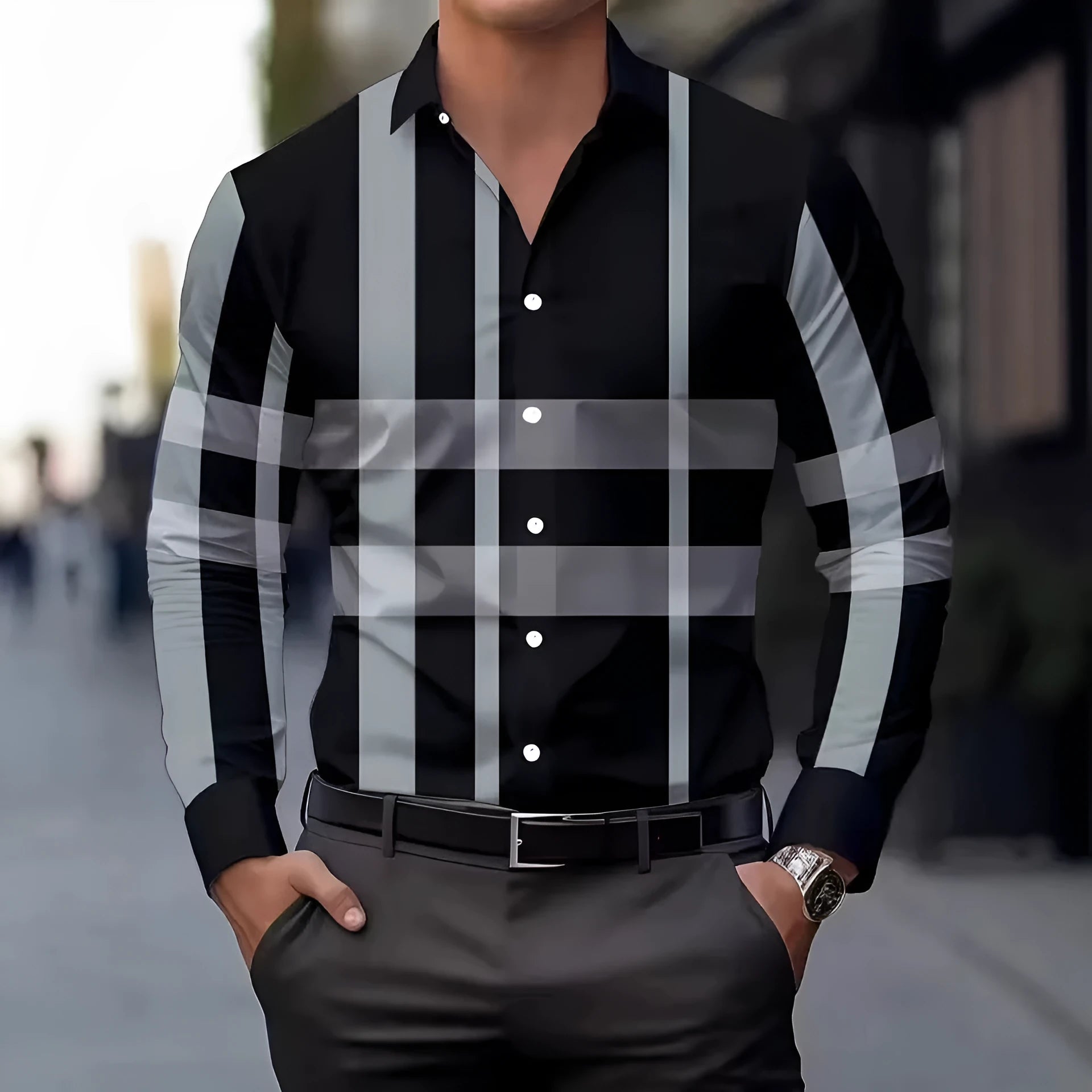 Men's striped printed long sleeve shirt with button lapel in various colours