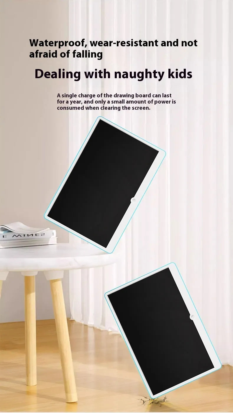 19-inch rechargeable LCD drawing board for kids in blue and white colours with stylus.