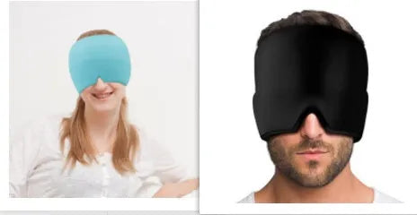 Black elastic cloth gel eye mask for headache relief showing adjustable design