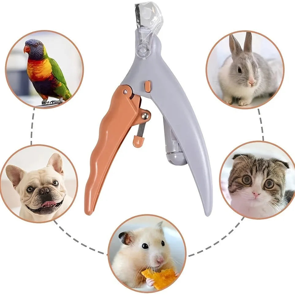 Yellow LED pet nail trimmer with magnifying glass and light for trimming cat and dog nails.