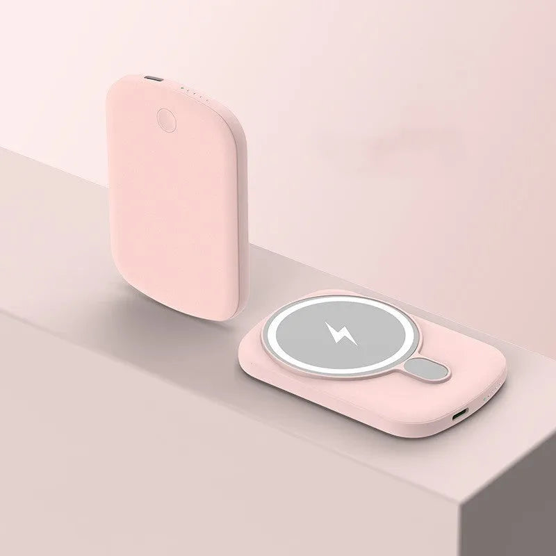 Magsafe magnetic power bank in Barbie Pink, Gentleman's Black, Lightning Purple, and Ivory White with wireless charging function