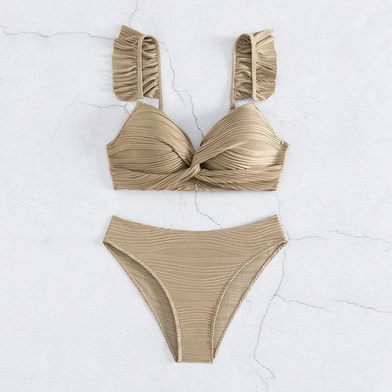 Women's solid colour bikini swimsuit set in black or khaki, made from polyester fabric.