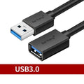 Black USB male to female extension cable with choice of USB 3.0 or USB 2.0 connector, shown in lengths from 1 to 5 metres.