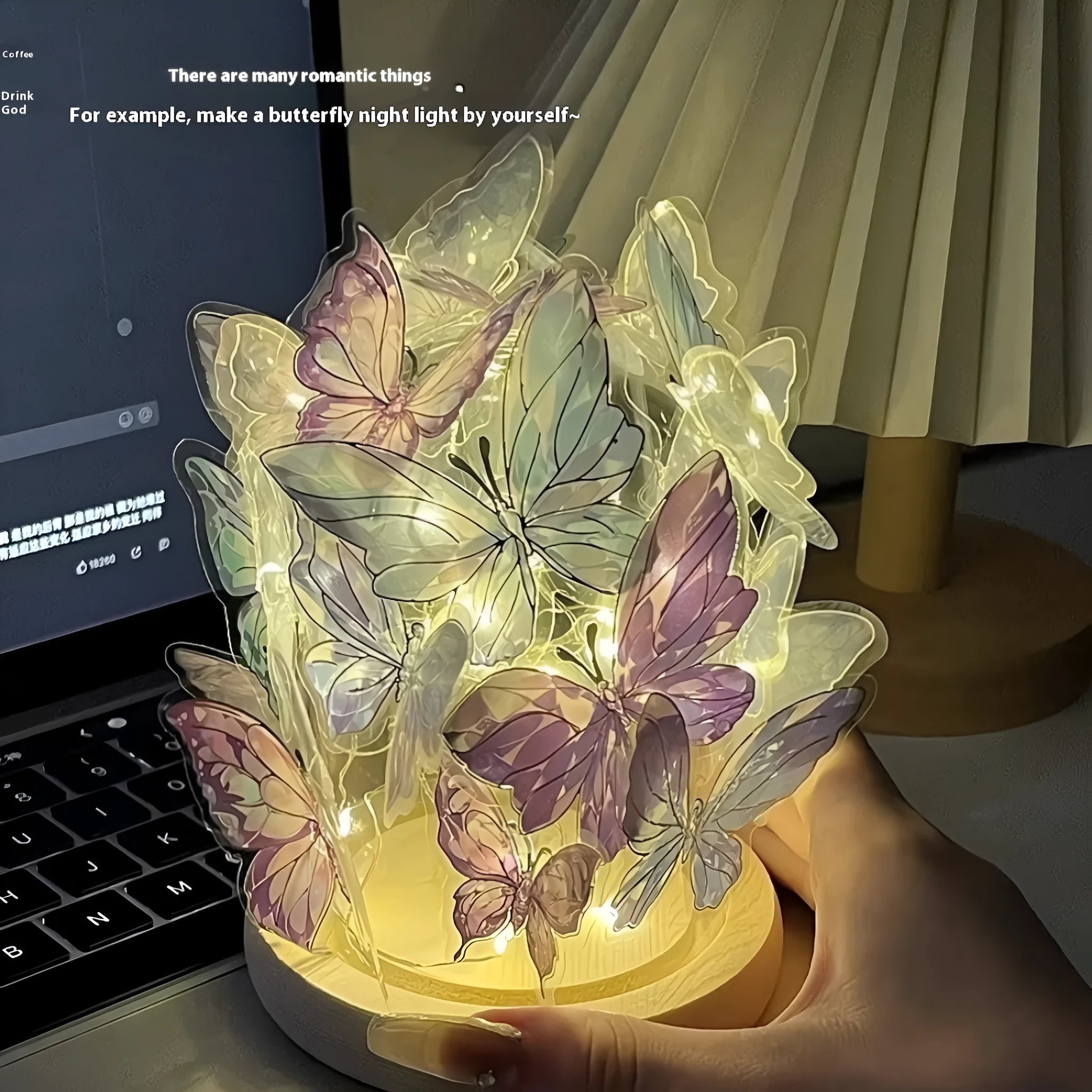 Butterfly night lamp with glass shade and raw wood base measuring 12x15cm for bedside ambience lighting