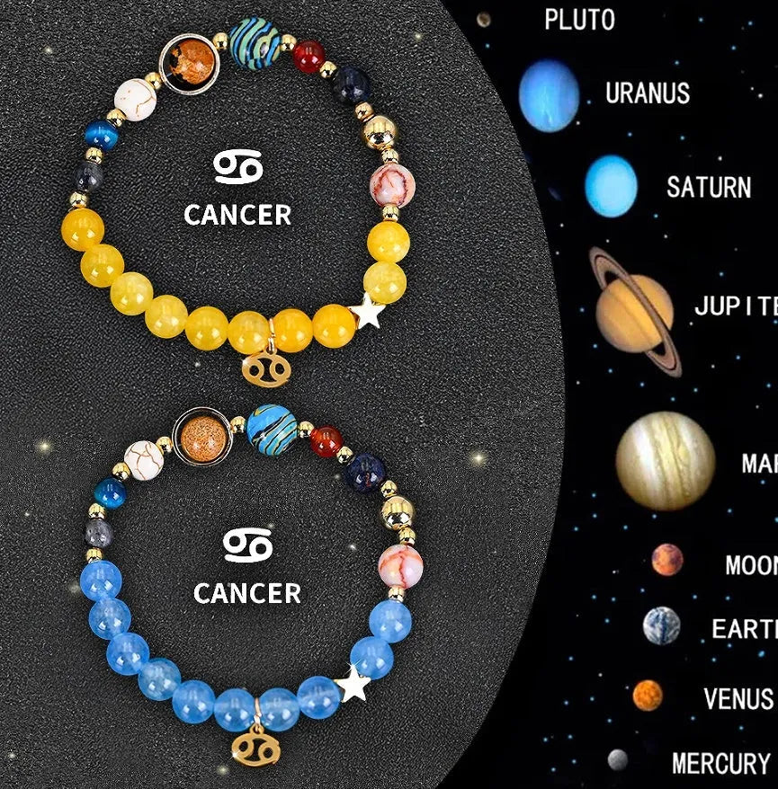Natural stone zodiac bracelet set showing two adjustable bracelets with twelve different astrological sign designs