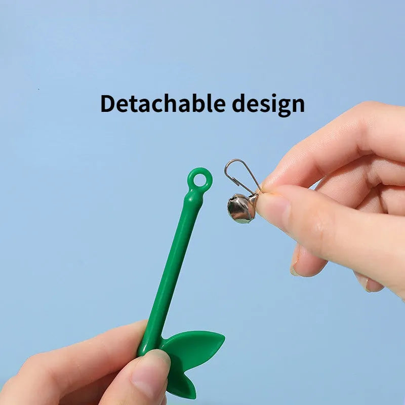 Green interactive cat feather wand toy with bell attachment and a comfortable grip handle.