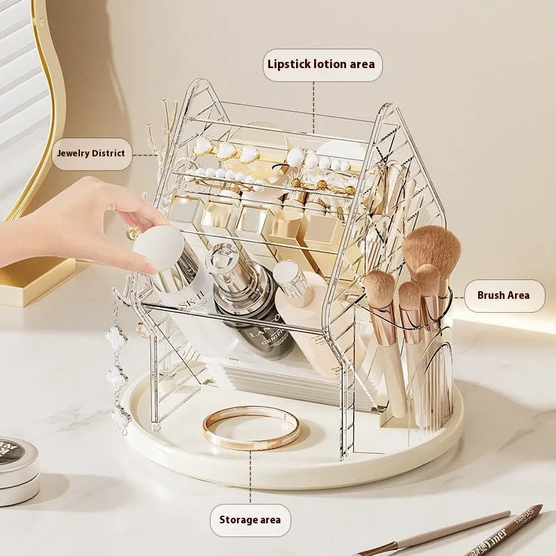 Transparent rotating cosmetics storage box with 360-degree rotation in clear or amber gold plastic