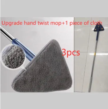 Blue triangle cleaning mop with rotating head and extendable stainless steel pole