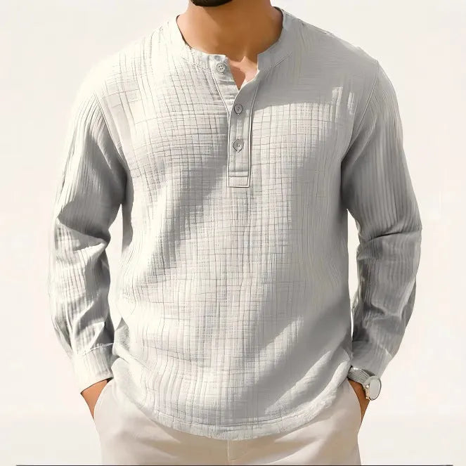Men's slim fit cotton linen blend long sleeve shirt in Army Green with 3/4 sleeves and round neck