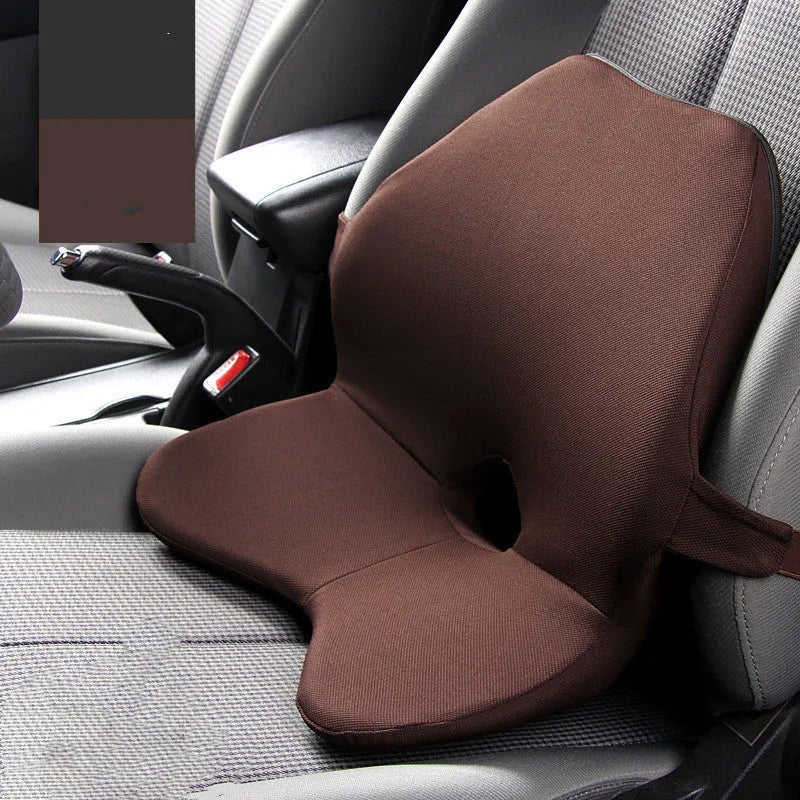 Car waist support pad with memory foam cushioning and adjustable straps shown in beige colour option