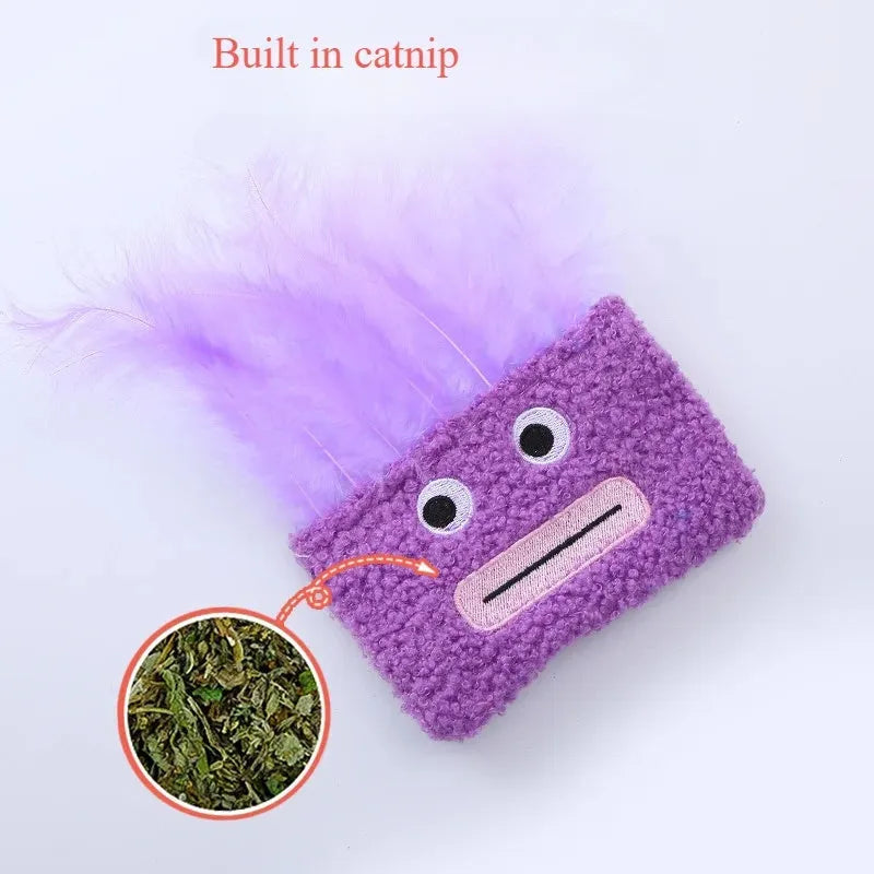 Colourful catnip plush toy shaped like an exploding head with a big open mouth