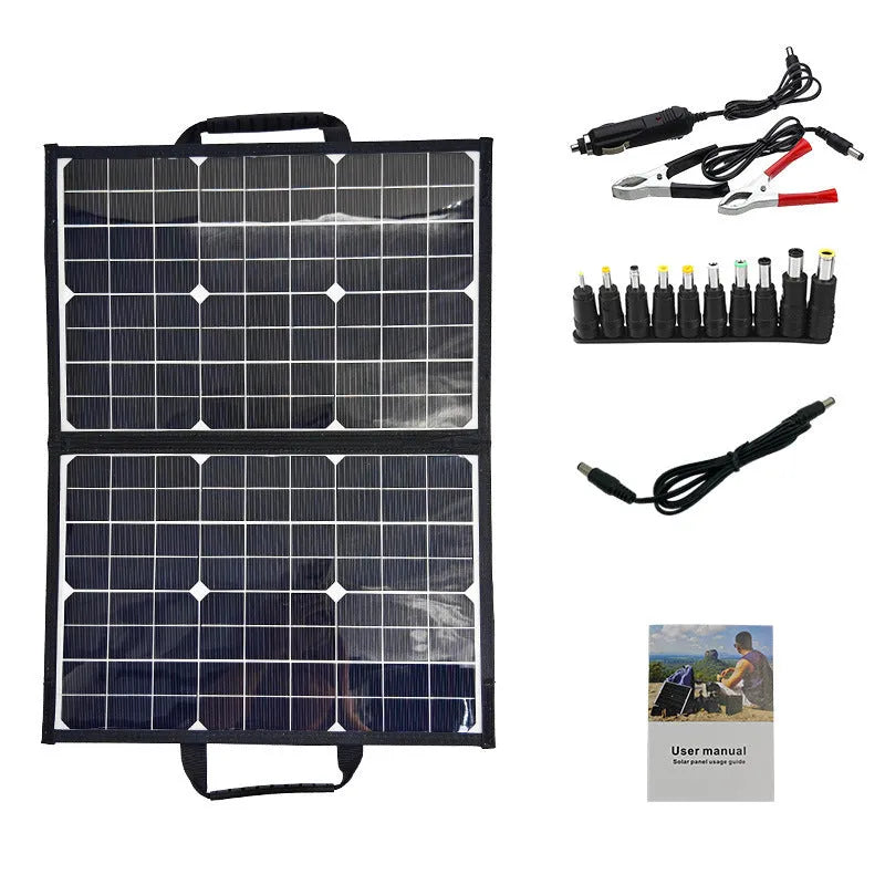 Black folding bag portable solar panel charger showing 40W power and folded size.
