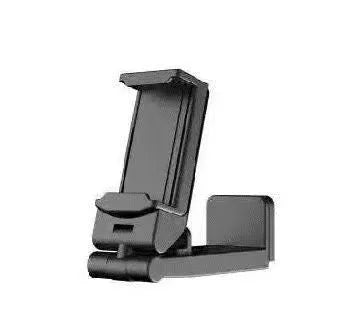 Black foldable rotating phone stand holding a mobile phone in landscape orientation on a desk.