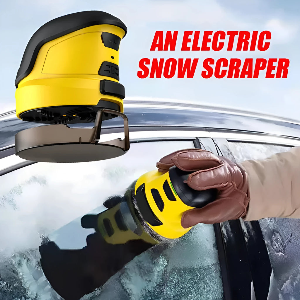Yellow cordless electric ice scraper with USB charging cable for car windows