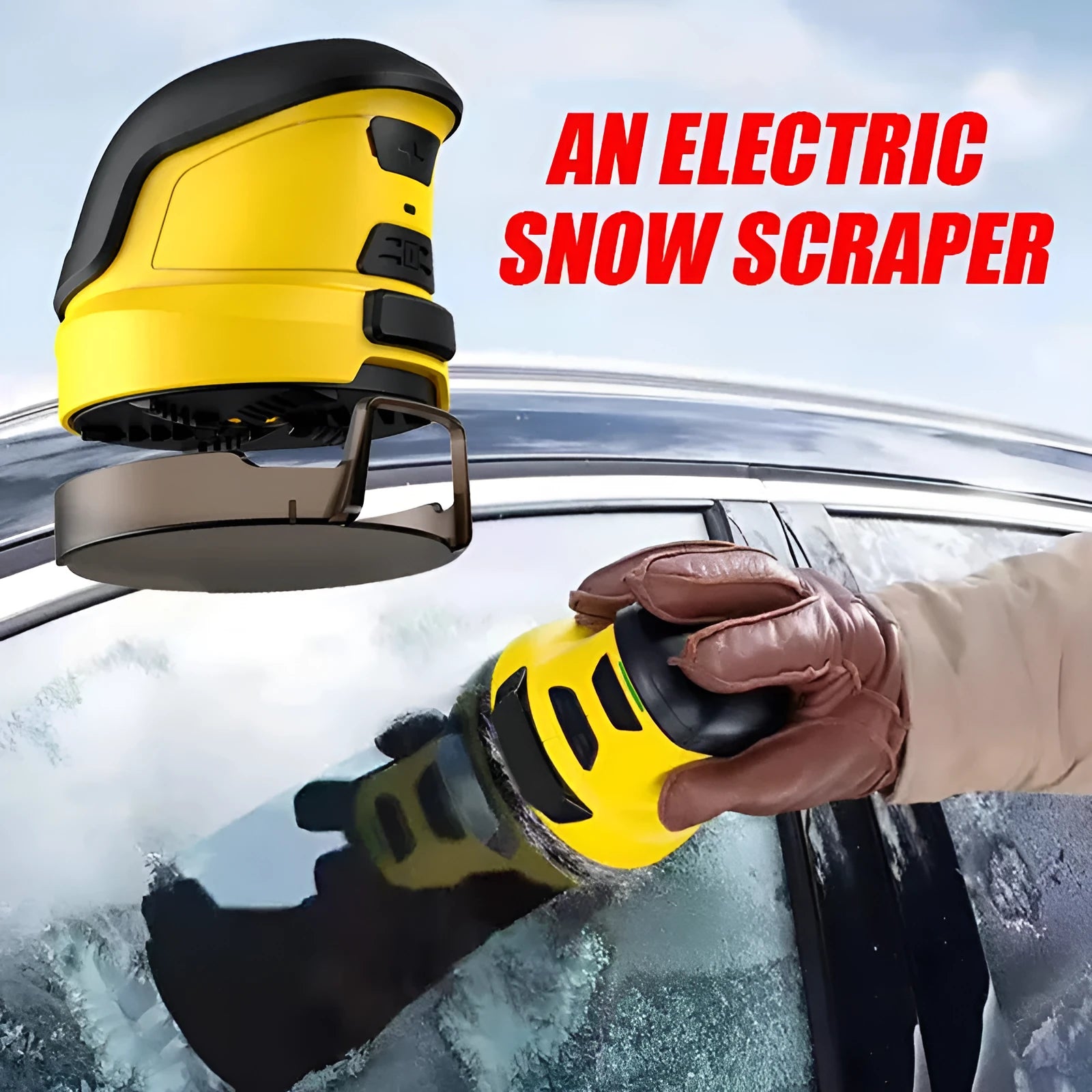 Yellow cordless electric ice scraper with USB charging cable for car windows