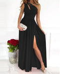 Women's one shoulder maxi dress with high split, in soft fabric, shown in apricot colour.