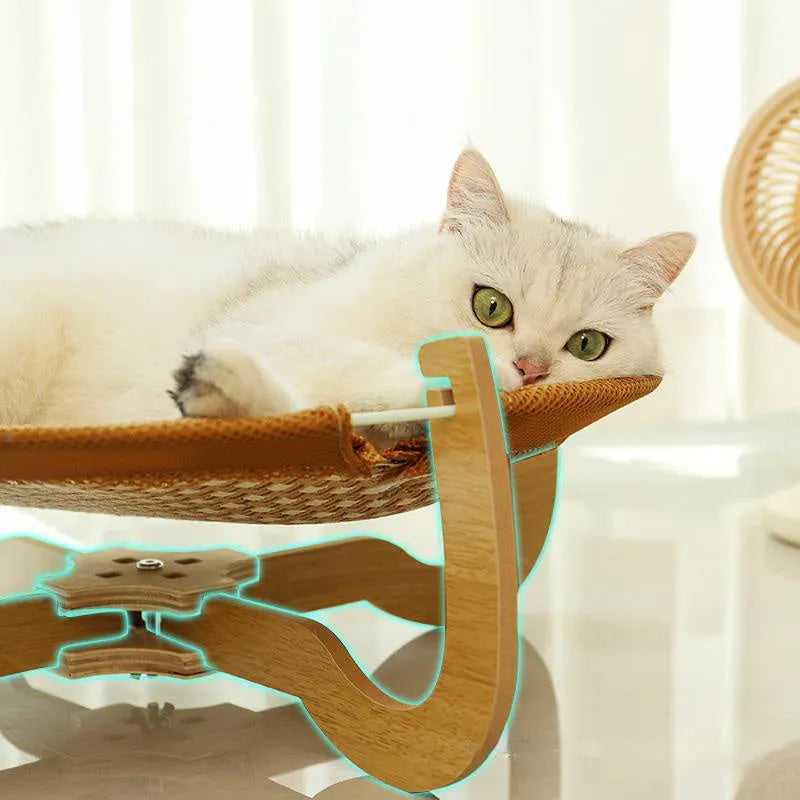 Brown woven rattan pet hammock bed measuring 46cm square with 17.5cm height elevation