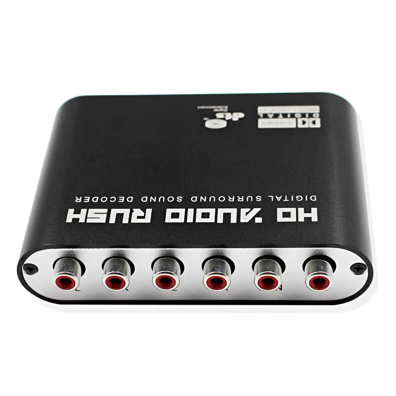 Black DTS Dolby Digital AC-3 audio decoder converter with optical and coaxial inputs for 5.1 channel surround sound.
