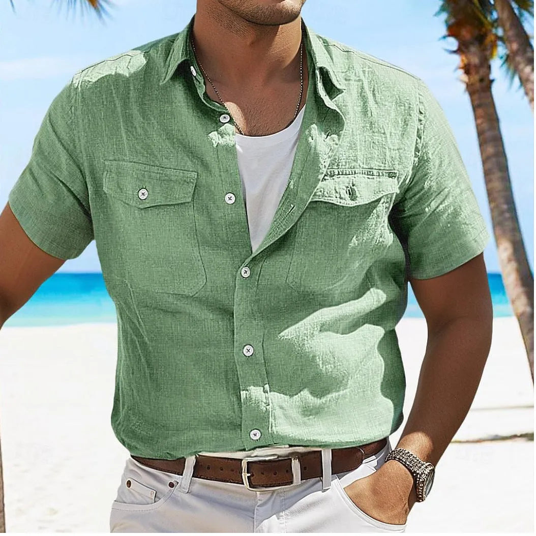 Men's grey cotton loose fit polo collar long sleeve casual shirt