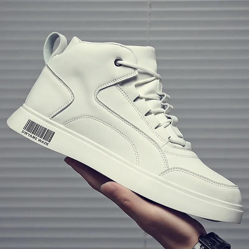 Men's white low-top board shoes with microfiber upper and rubber sole, lace-up front closure