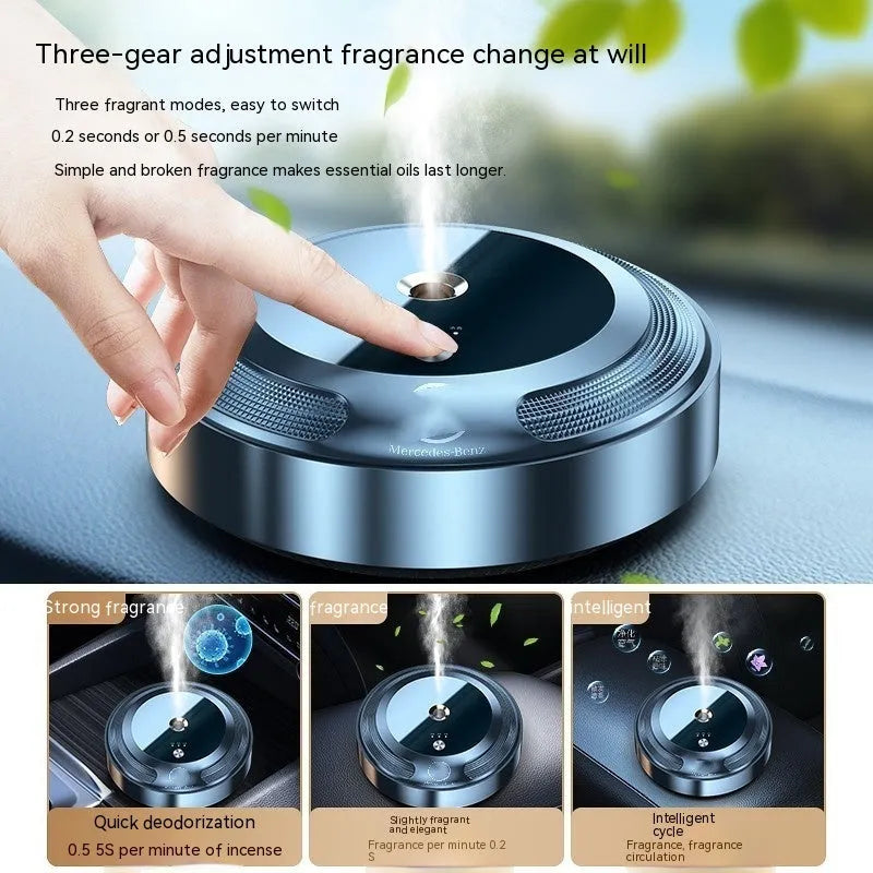 Car air freshener diffuser with automatic spray function in zinc alloy housing with vehicle logo design