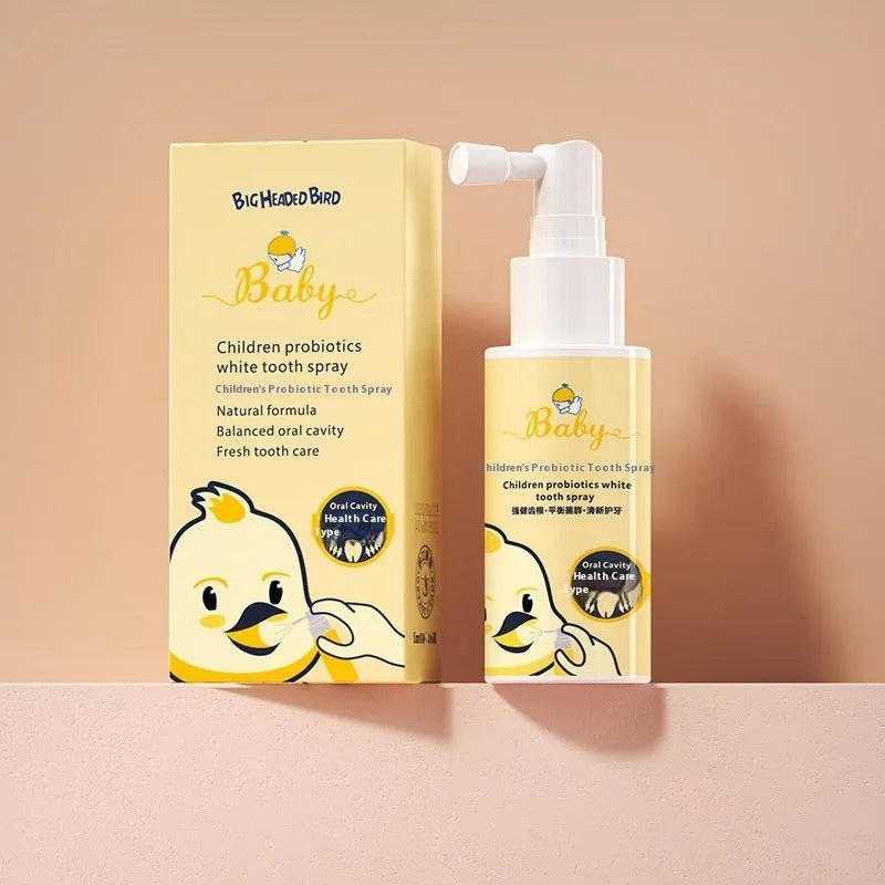 Children's probiotic oral spray bottle for white teeth and anticavity protection in strawberry or orange flavour