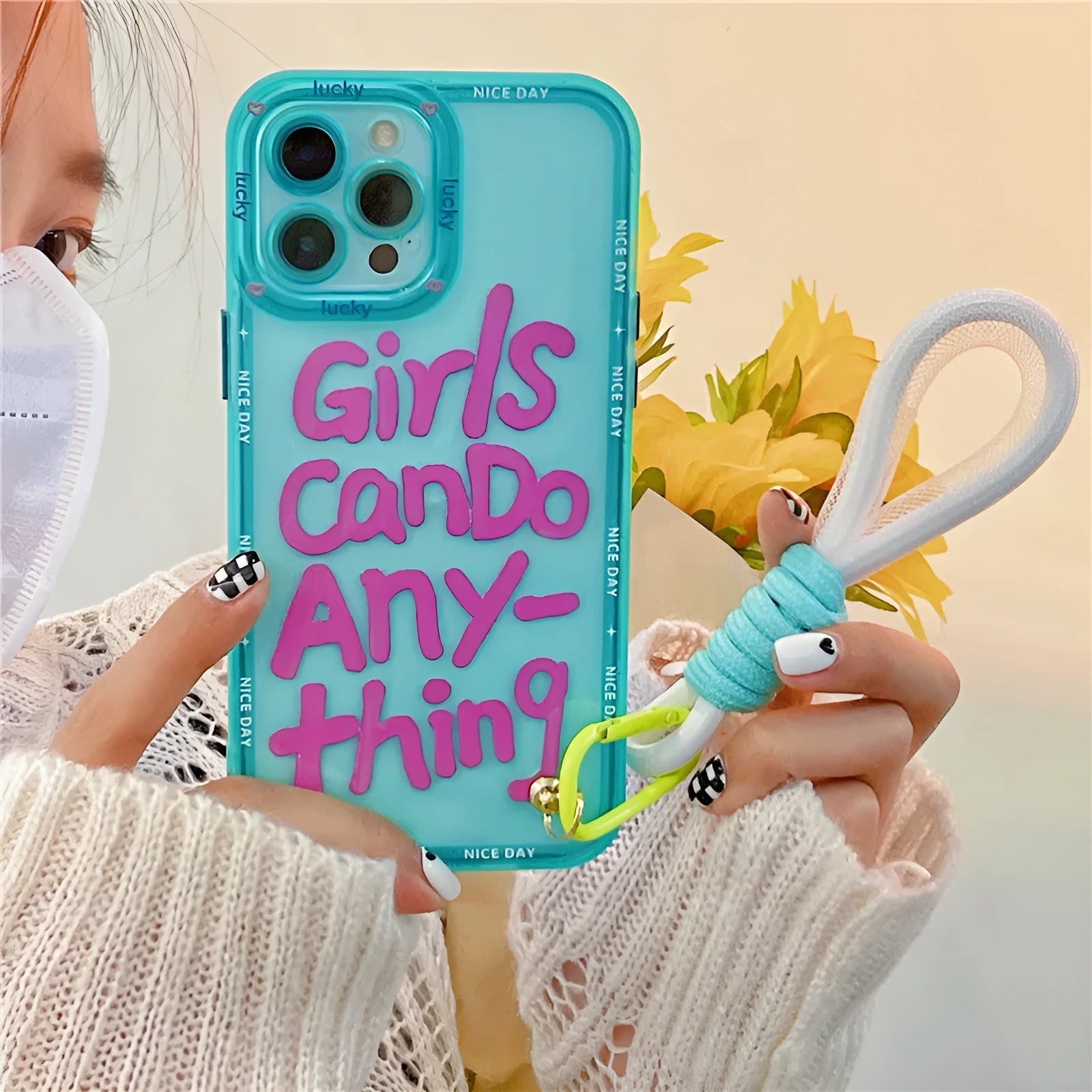 Personalised mint green graffiti phone case with animal design and detachable lanyard for Apple iPhone.