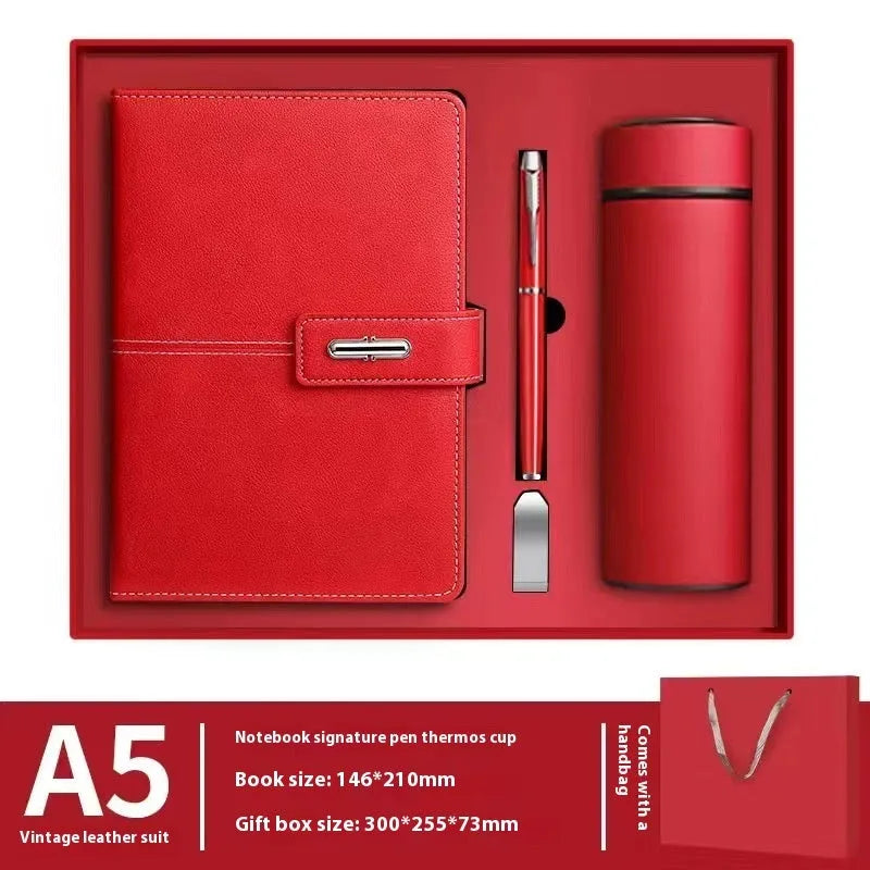 A5 notebook with PU leather cover shown in multiple colour options including black, red, green, blue, and orange.