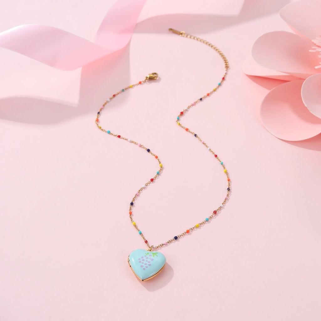 Gold-plated stainless steel necklace with heart-shaped fruit pendant in various designs