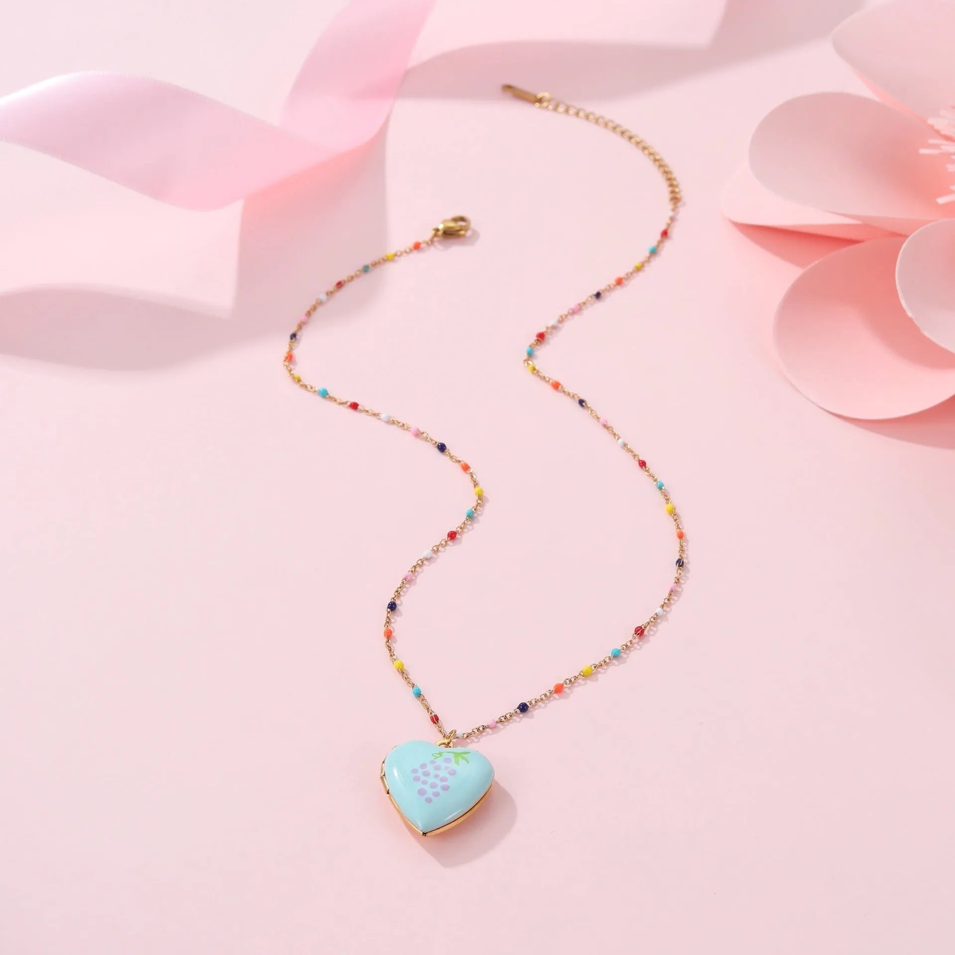 Gold-plated stainless steel necklace with heart-shaped fruit pendant in various designs