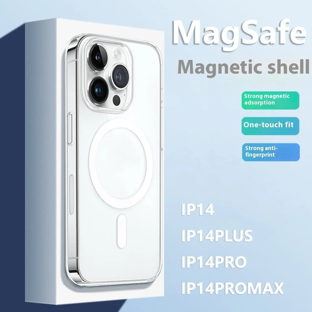 Transparent magnetic straight edge phone case for Apple 16 and 16 Plus with airbag drop-resistant corners.