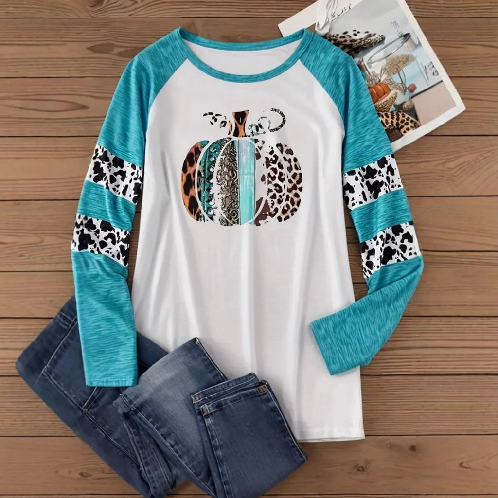 Sky blue long sleeve T-shirt with 3D digital printed pumpkin pattern in regular fit style