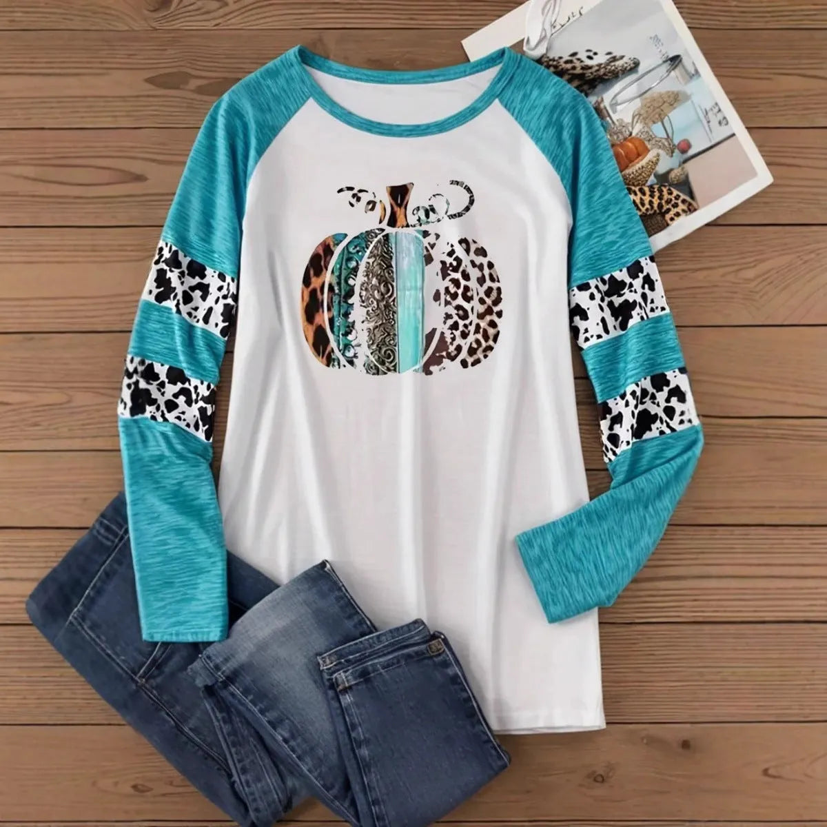 Sky blue long sleeve T-shirt with 3D digital printed pumpkin pattern in regular fit style
