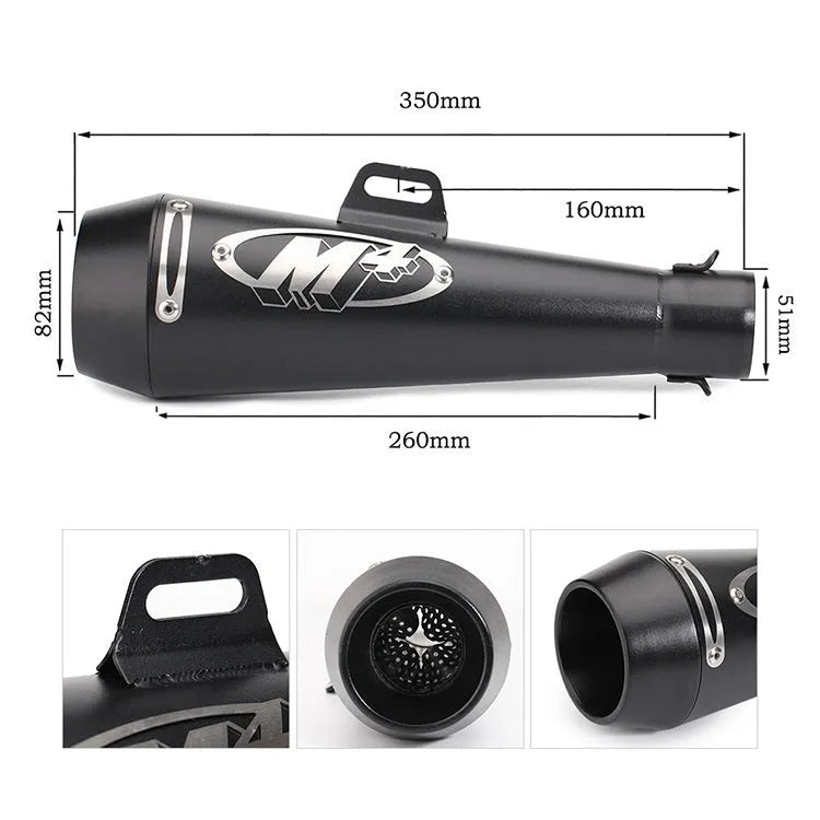 M4 motorcycle exhaust pipe in multiple colour options including black, titanium, and blue finishes