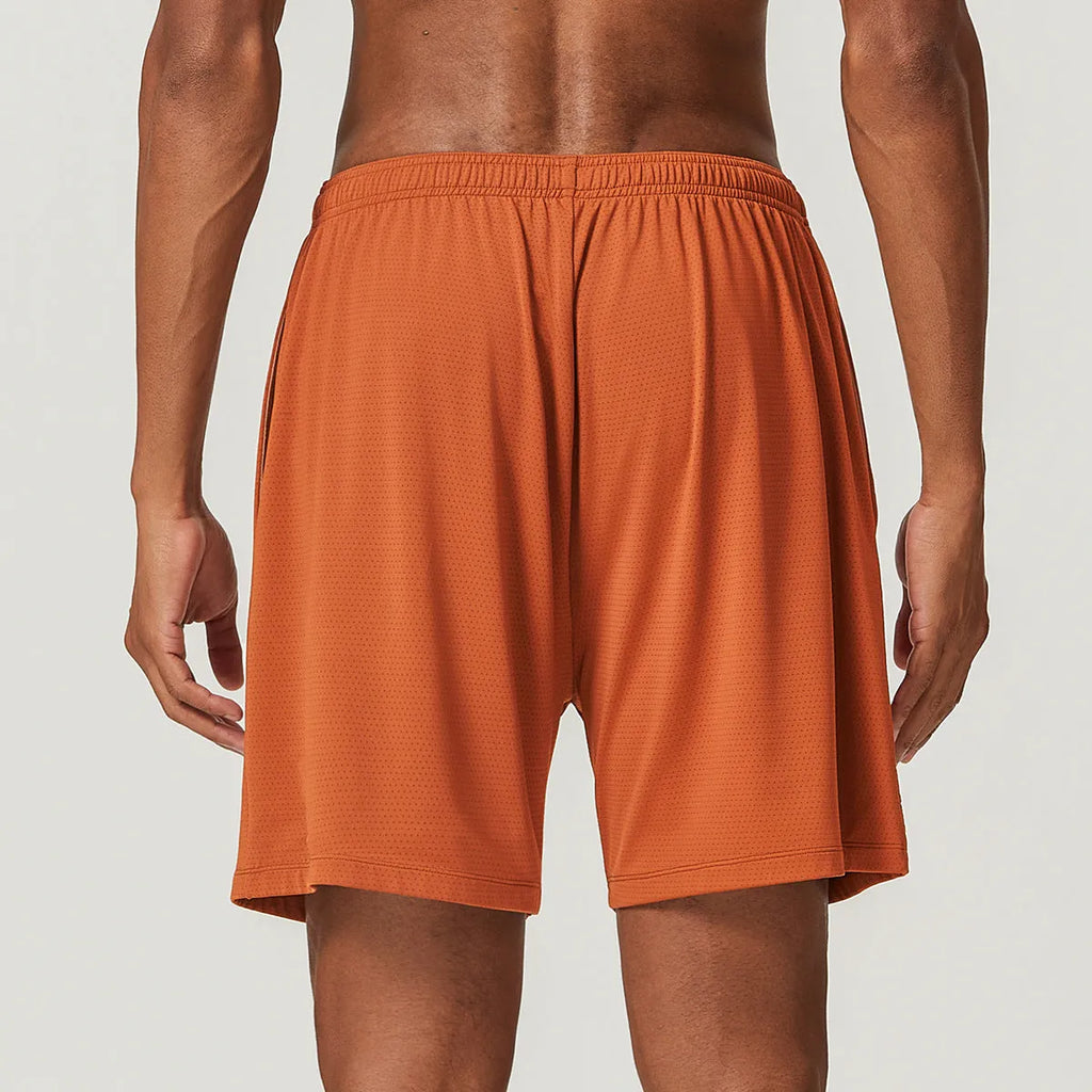 Men's quick-drying double-layer running shorts in khaki colour, showing mid waist and short length design.