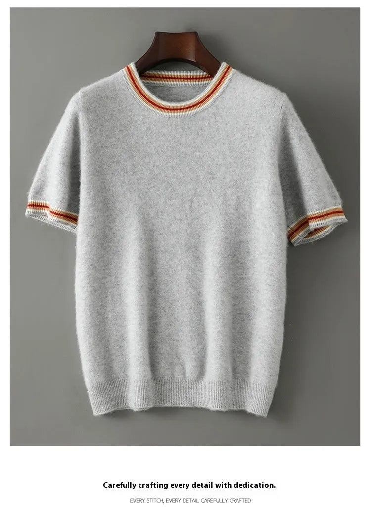 Men's short sleeve pure wool sweater round neck pullover in grey colour