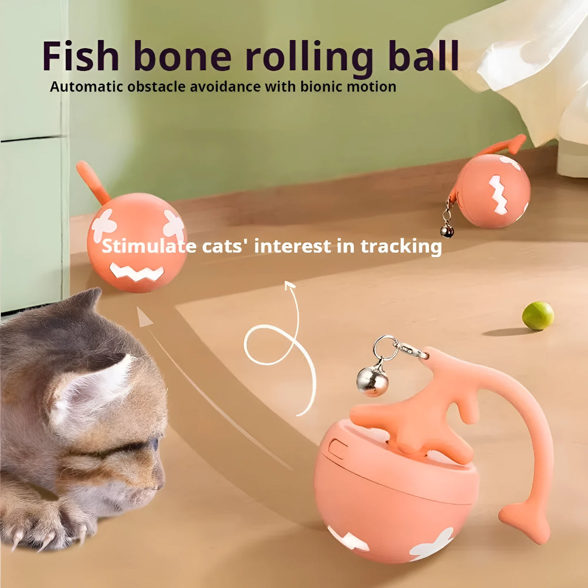 USB electric cat teasing ball with fish bone design rolling on floor, includes replaceable teasing stick